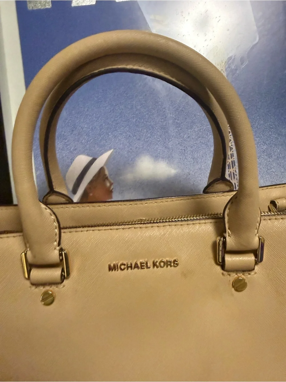 Michael Kors Tan-Beige Structured Satchel with Gold Hardware